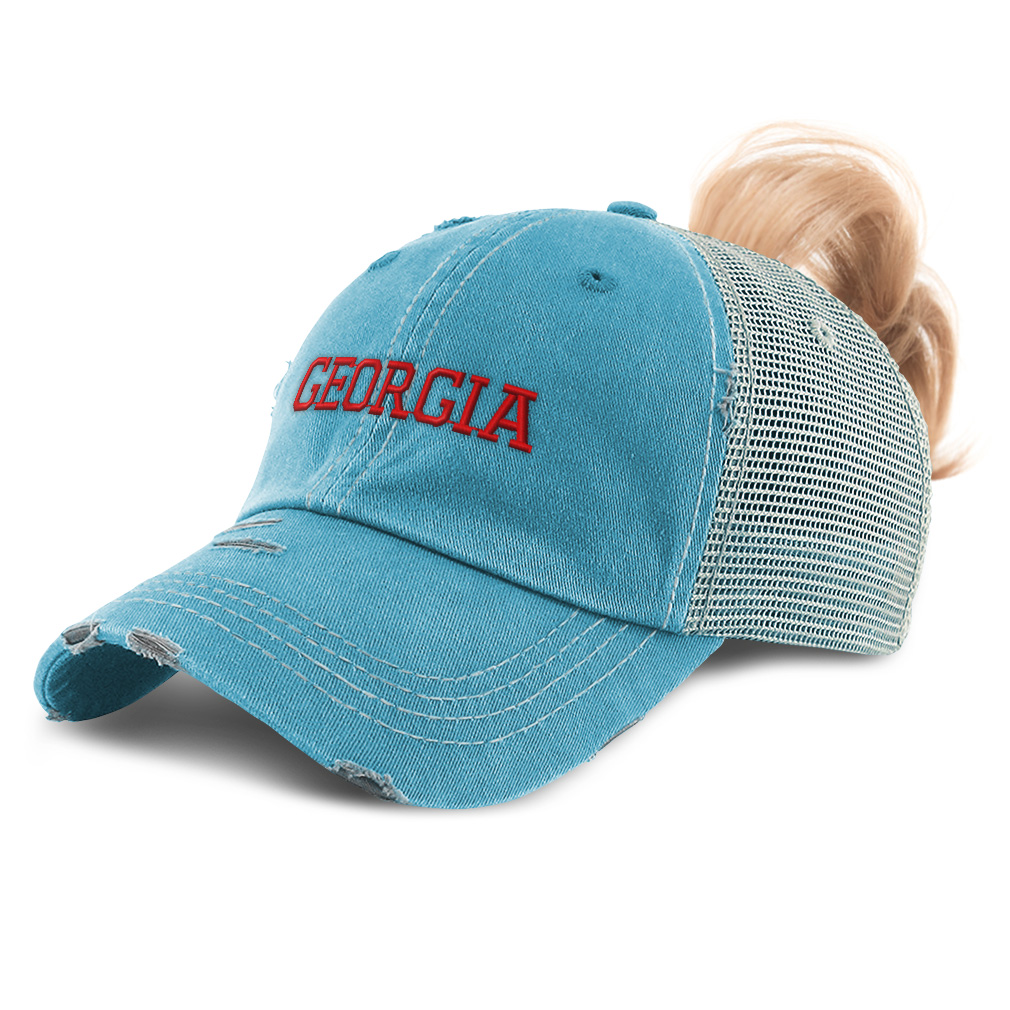 Speedy Pros Women's Ponytail Cap - Thin Blue Line Flag Embroidery, Distressed Trucker Hat