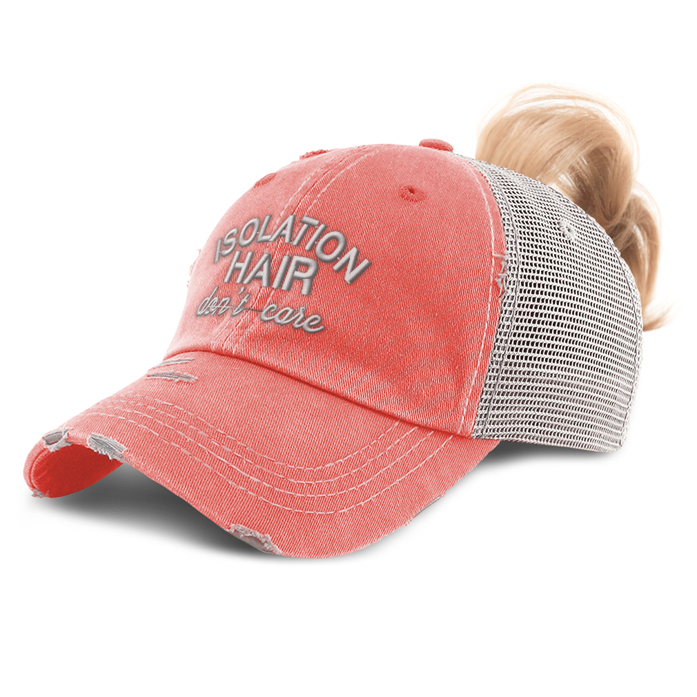 Womens Ponytail Cap Isolation Hair Don'T Care Quarantine Distressed Trucker Hats - Picture 9 of 24