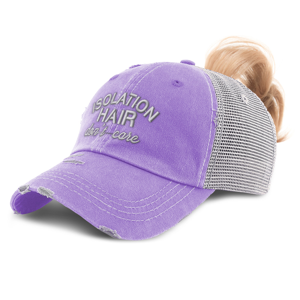 Womens Ponytail Cap Isolation Hair Don'T Care Quarantine Distressed Trucker Hats - Picture 13 of 24