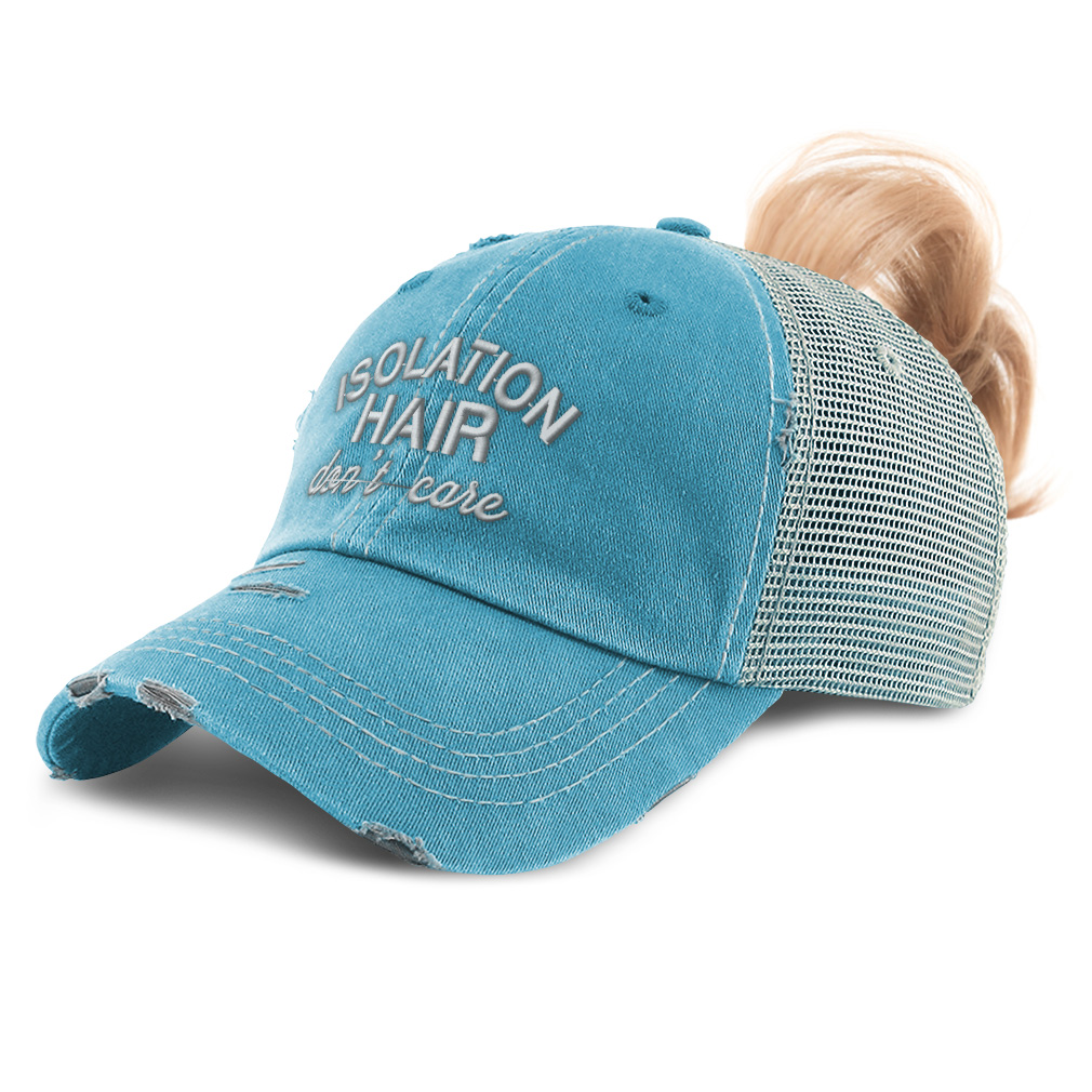 Womens Ponytail Cap Isolation Hair Don'T Care Quarantine Distressed Trucker Hats - Picture 7 of 24