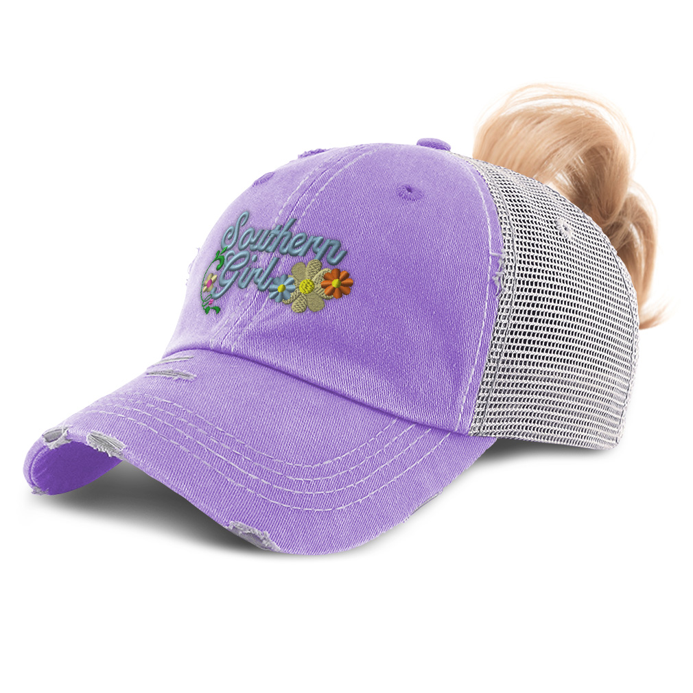 Womens Ponytail Cap Southern Girl Style B Woman America Distressed Trucker Hats - Picture 13 of 24