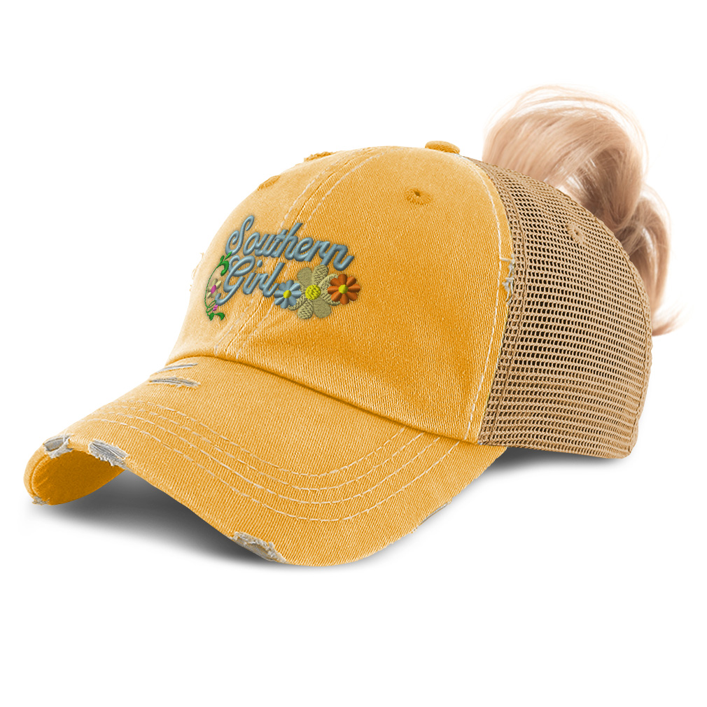 Womens Ponytail Cap Southern Girl Style B Woman America Distressed Trucker Hats - Picture 17 of 24