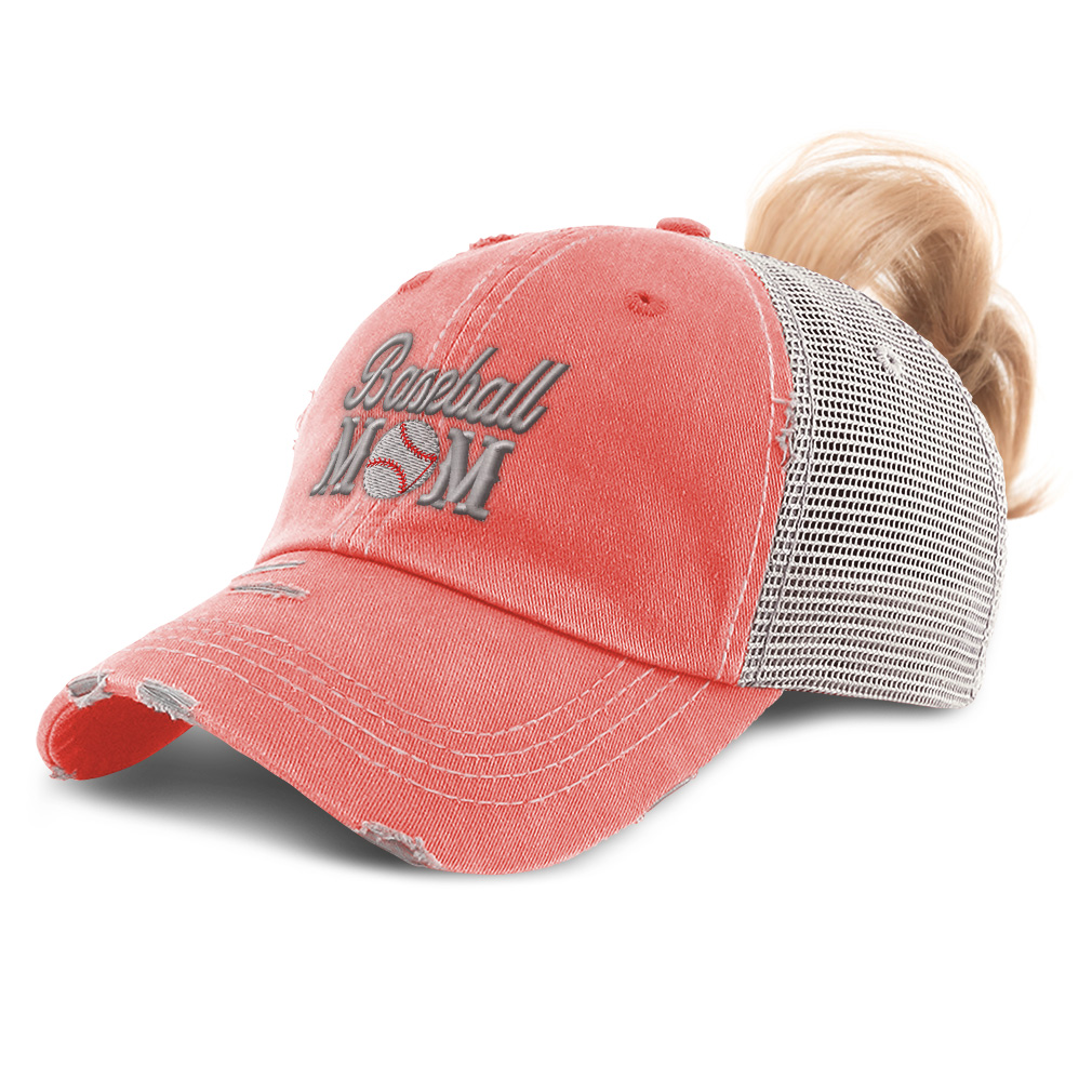 Womens Ponytail Cap Baseball Mom Style D Mommy Activity Distressed Trucker Hats - Picture 9 of 24