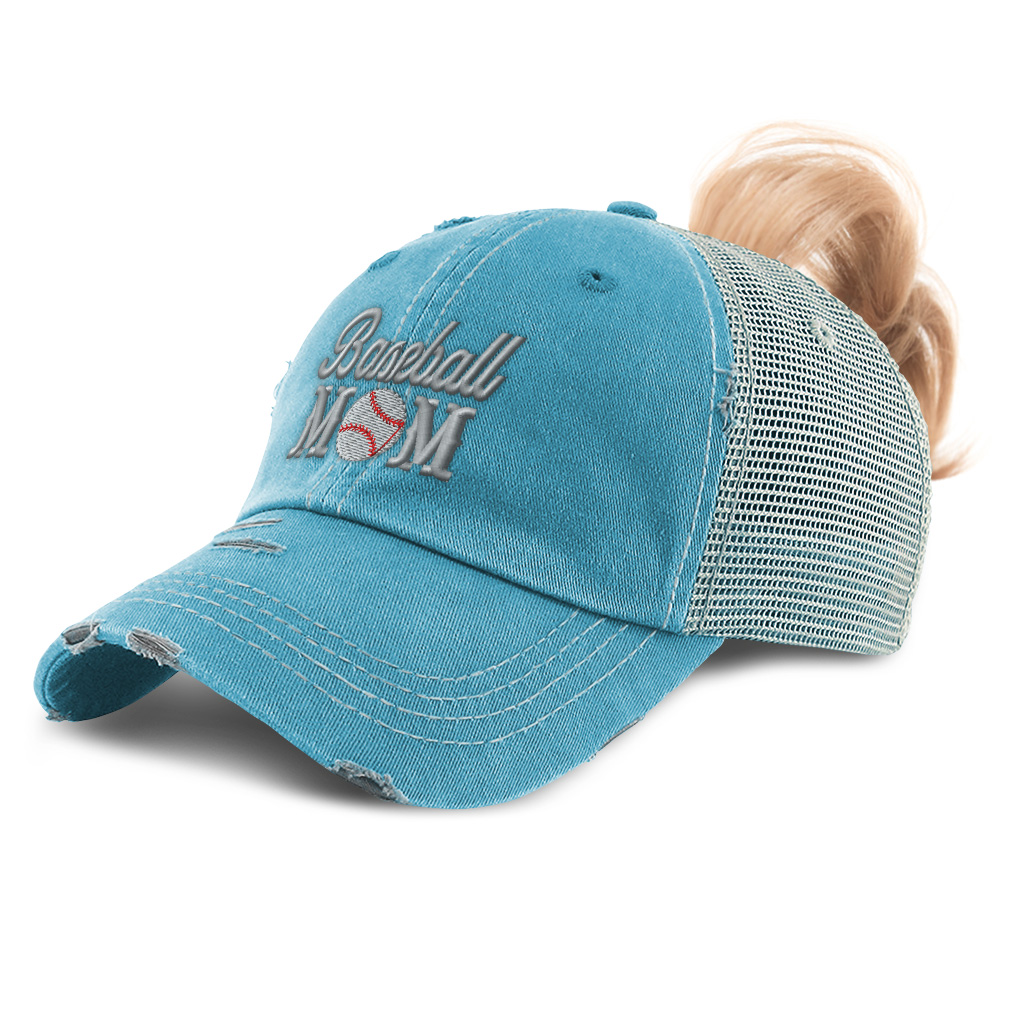 Womens Ponytail Cap Baseball Mom Style D Mommy Activity Distressed Trucker Hats - Picture 7 of 24