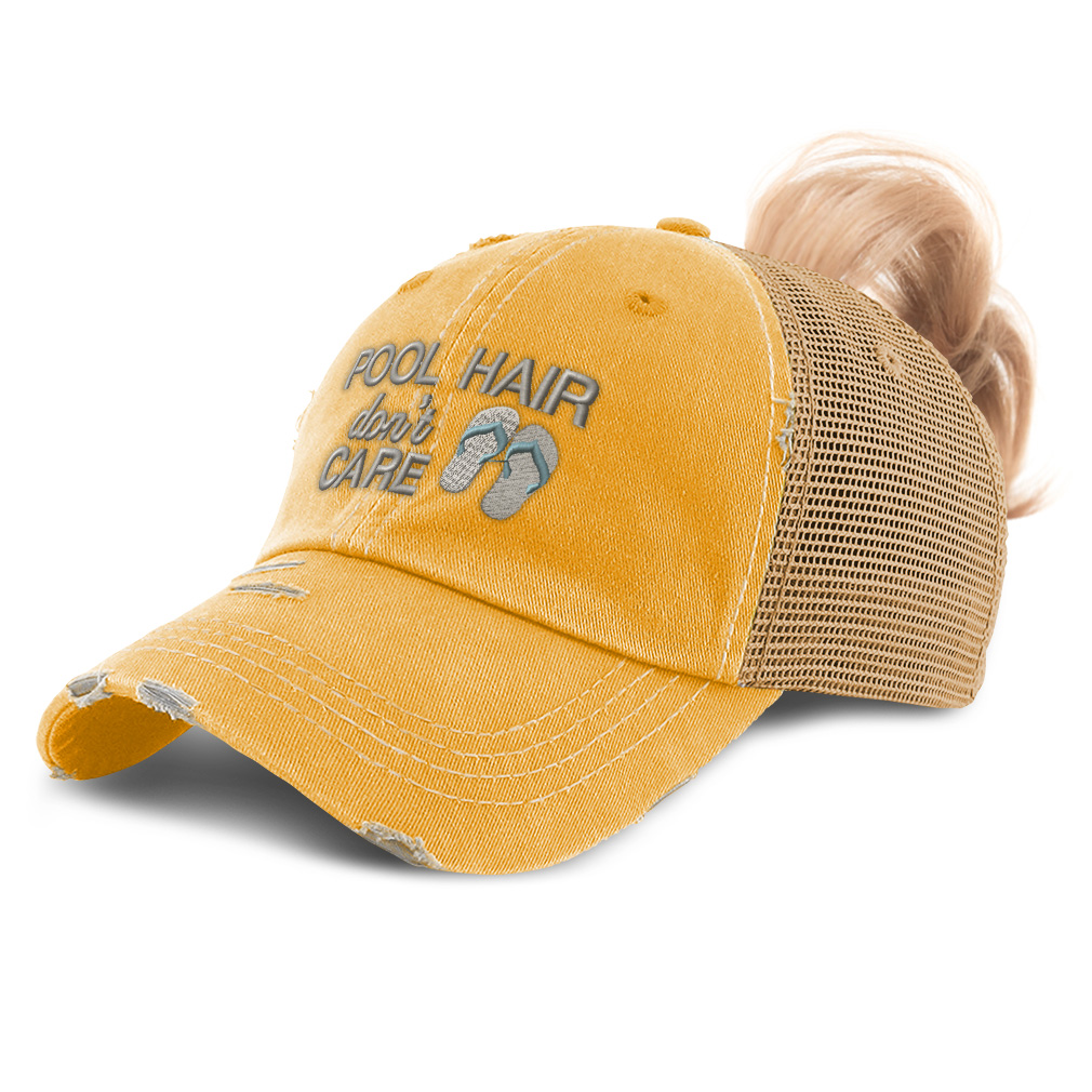Women's Ponytail Baseball Cap - "Pool Hair Don't Care" Distressed Trucker Hat - View #7