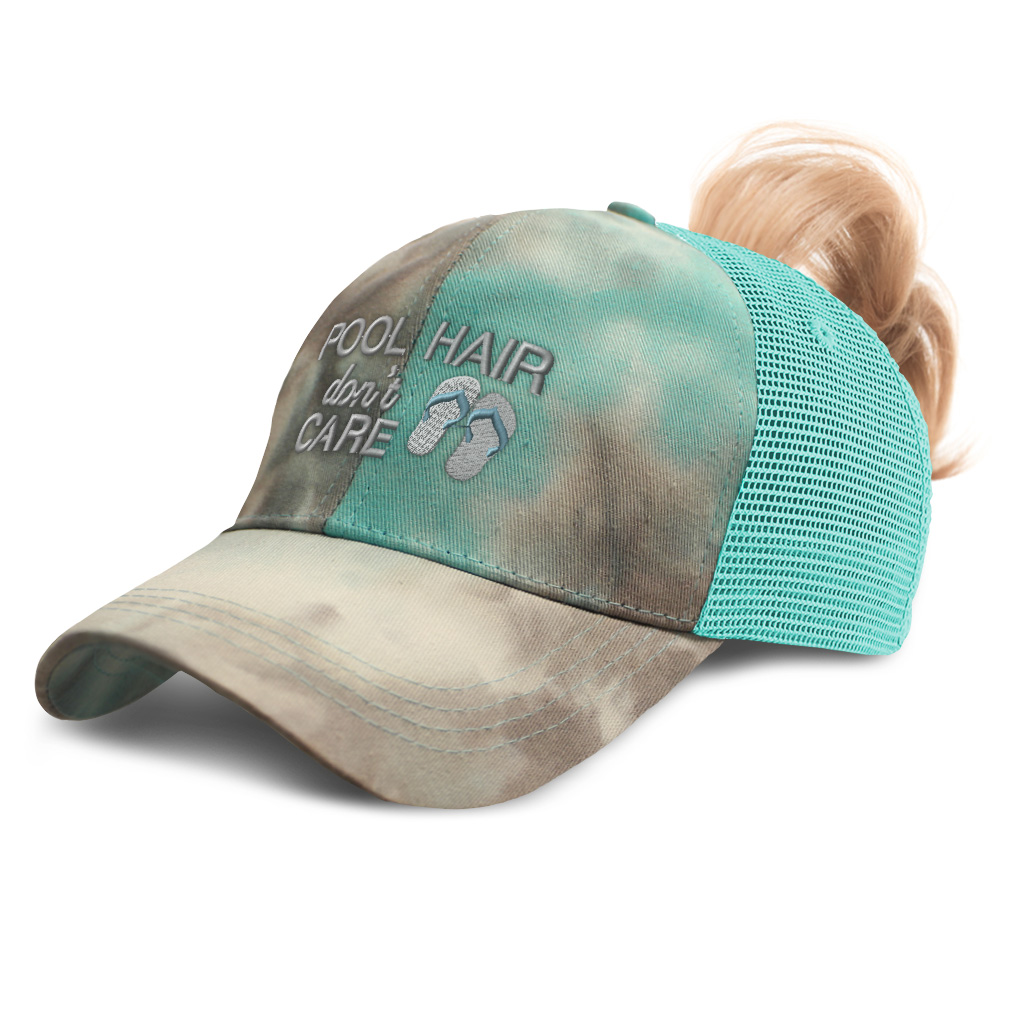 Women's Ponytail Baseball Cap - "Pool Hair Don't Care" Distressed Trucker Hat - View #3