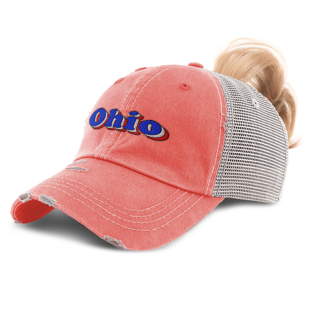 Women's Distressed Ohio State Ponytail Trucker Hat - Coral Design, Cotton, Adjustable Strap Back - View #7