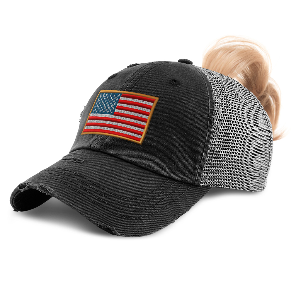 Womens Ponytail Baseball Cap American Olympics Sports Distressed Trucker Hats - Picture 7 of 28