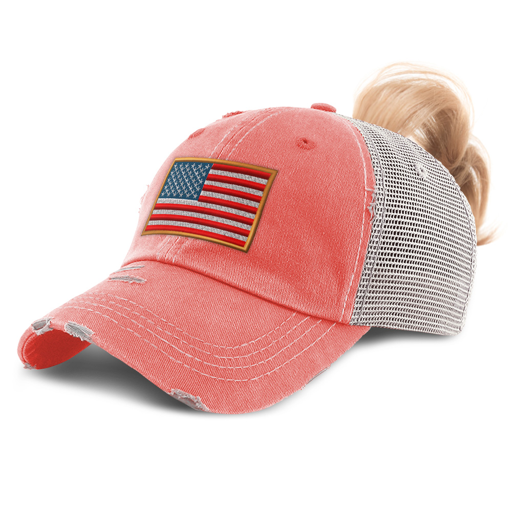 Womens Ponytail Baseball Cap American Olympics Sports Distressed Trucker Hats - Picture 14 of 28