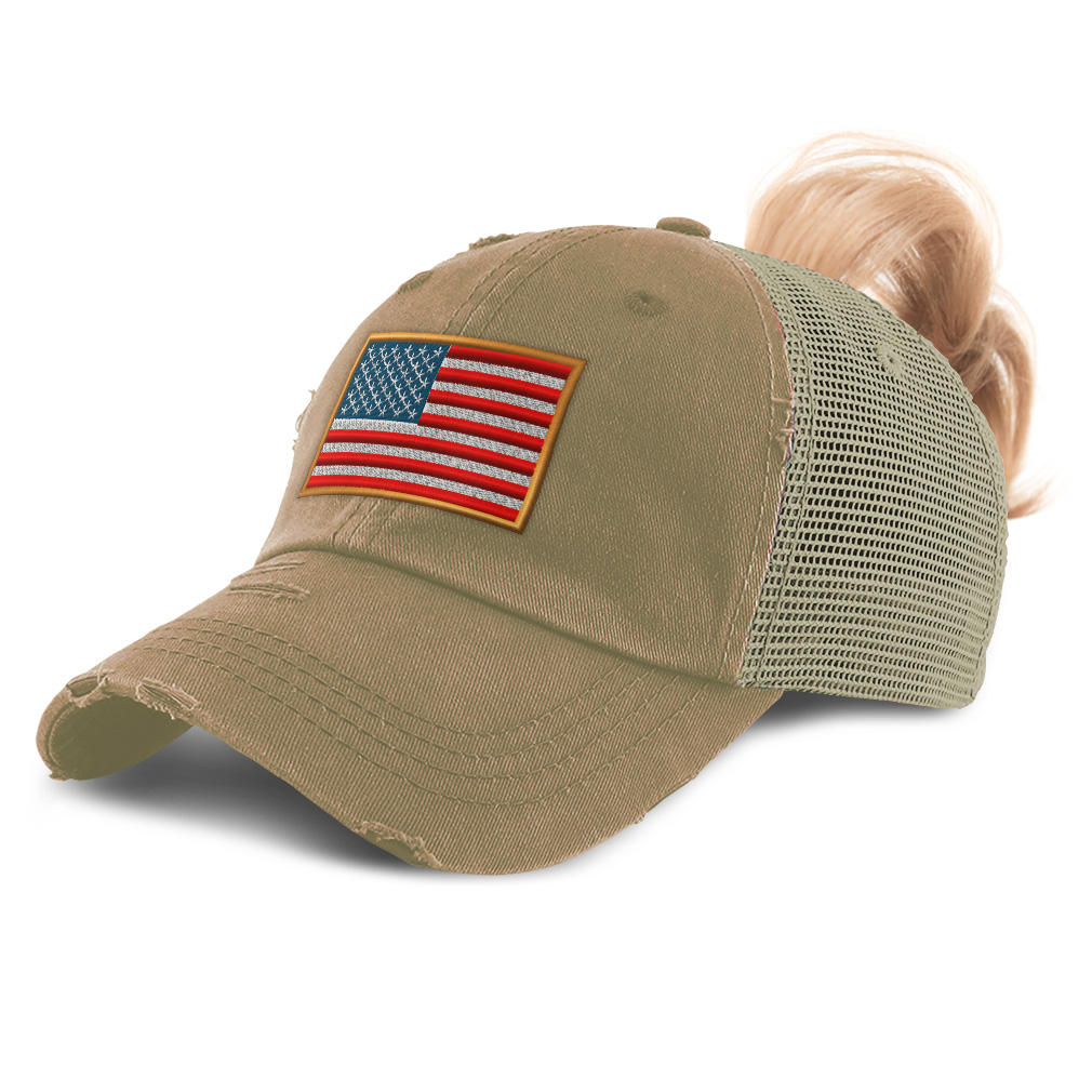 Womens Ponytail Baseball Cap American Olympics Sports Distressed Trucker Hats - Picture 10 of 28