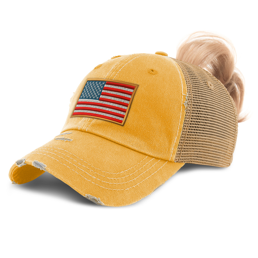 Womens Ponytail Baseball Cap American Olympics Sports Distressed Trucker Hats - Picture 20 of 28