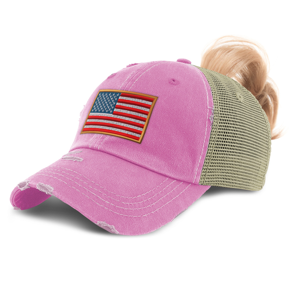 Womens Ponytail Baseball Cap American Olympics Sports Distressed Trucker Hats - Picture 28 of 28