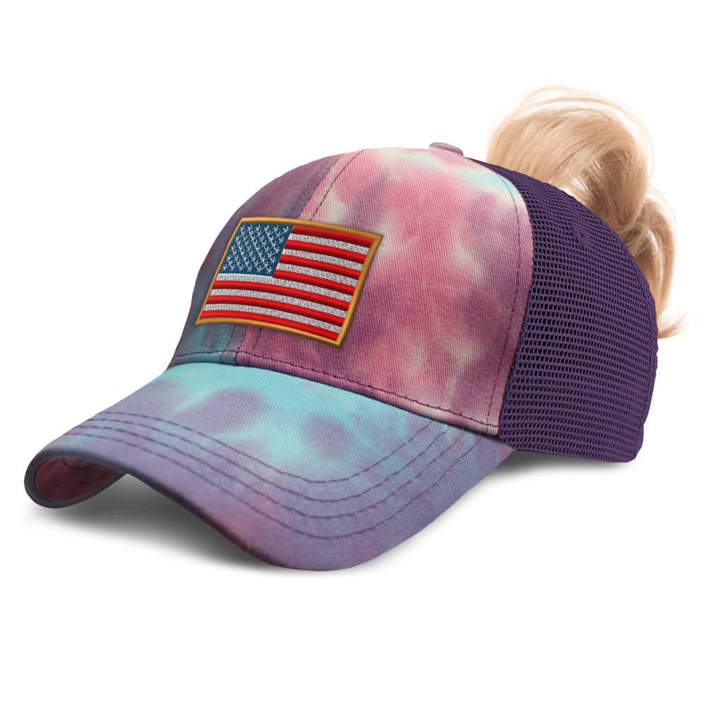 Womens Ponytail Baseball Cap American Olympics Sports Distressed Trucker Hats - Picture 26 of 28