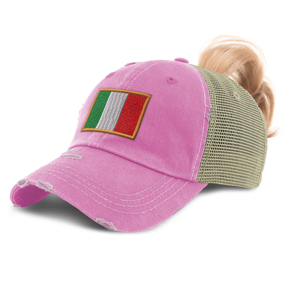 Custom Italian Flag Ponytail Hat – Women's Cotton Trucker Cap, Embroidery, Adjustable, Ponytail Slot