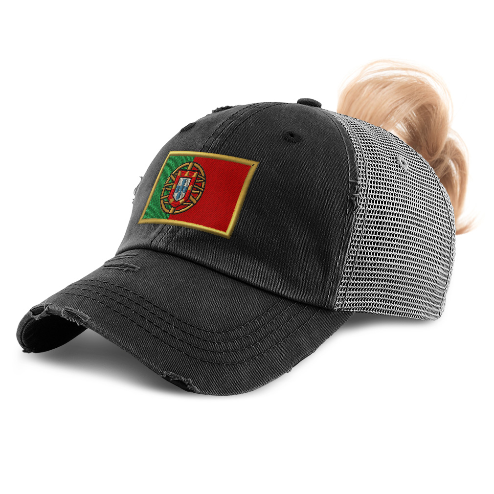 Womens Ponytail Baseball Cap Portugal Euro Cup Distressed Trucker Hats - Picture 7 of 28