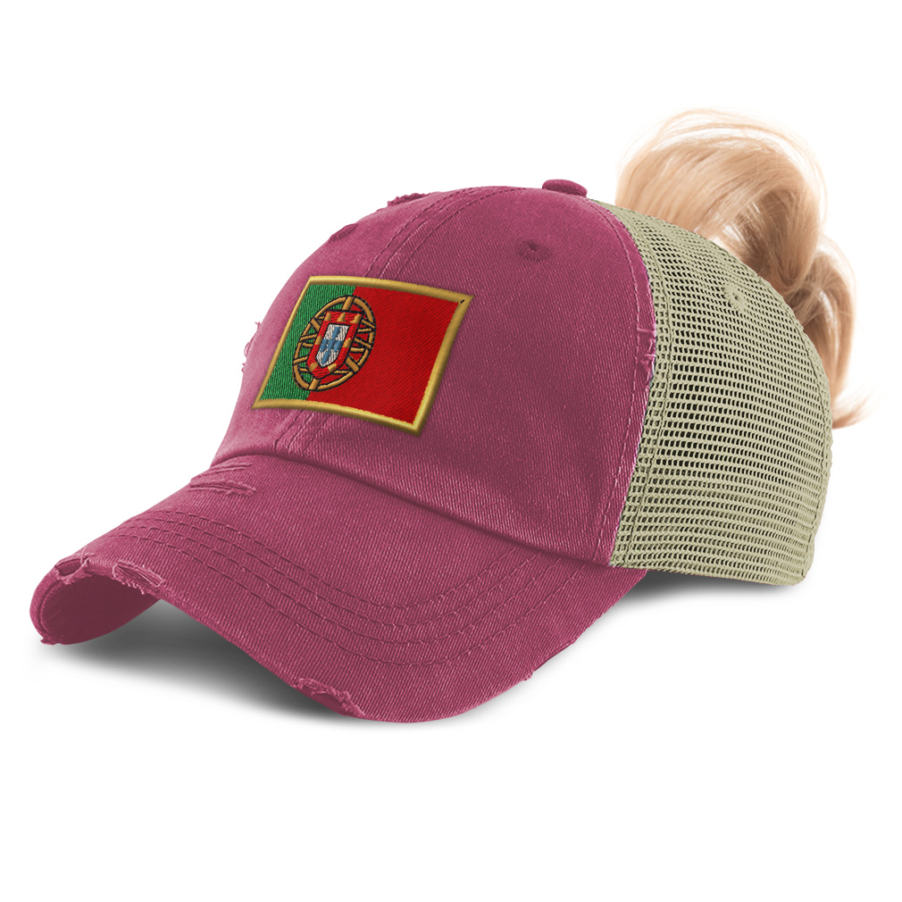 Womens Ponytail Baseball Cap Portugal Euro Cup Distressed Trucker Hats - Picture 8 of 28