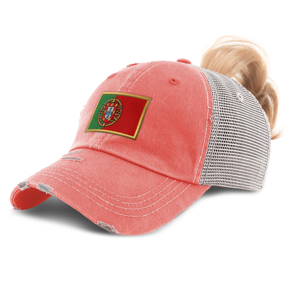 Womens Ponytail Baseball Cap Portugal Euro Cup Distressed Trucker Hats - Picture 14 of 28