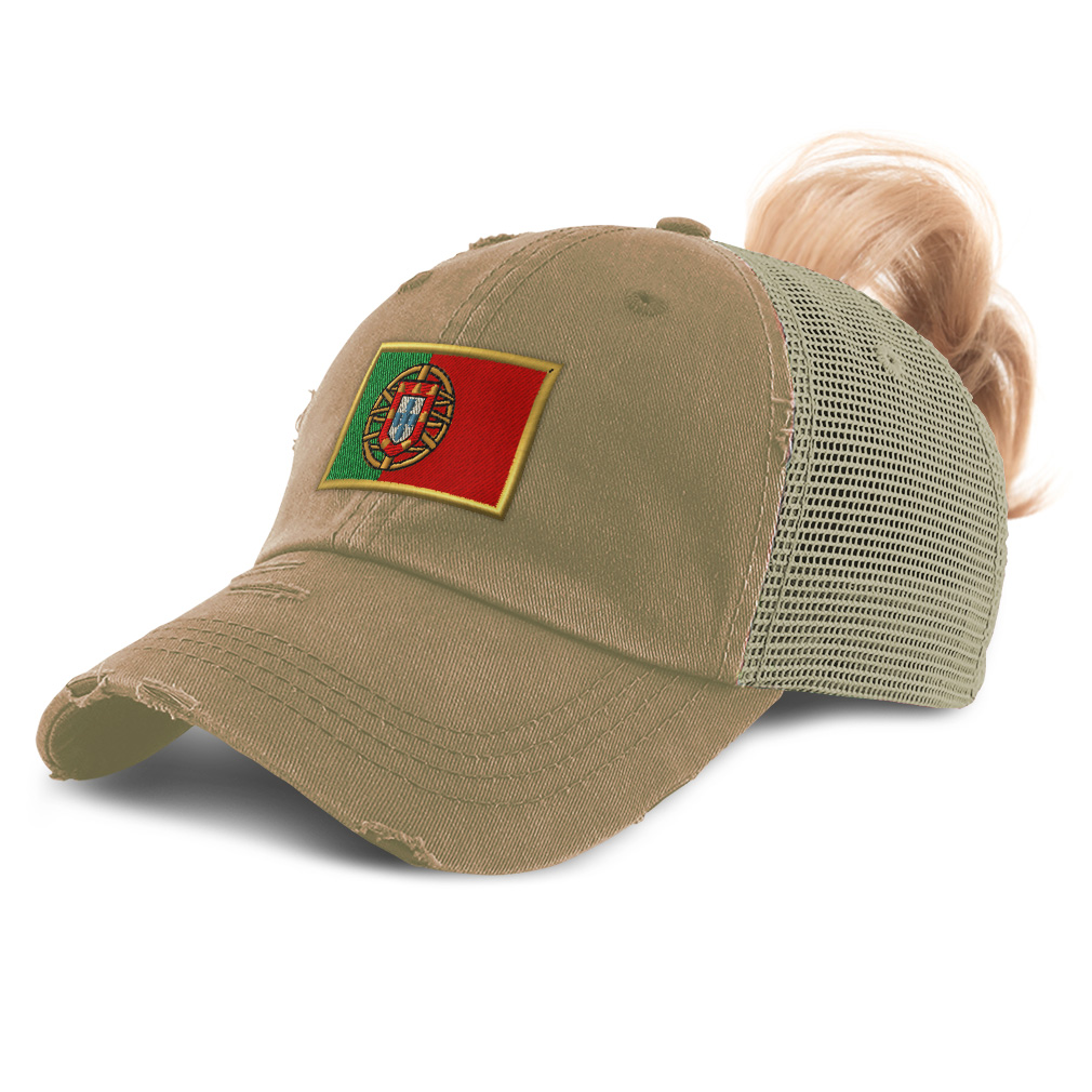 Womens Ponytail Baseball Cap Portugal Euro Cup Distressed Trucker Hats - Picture 10 of 28