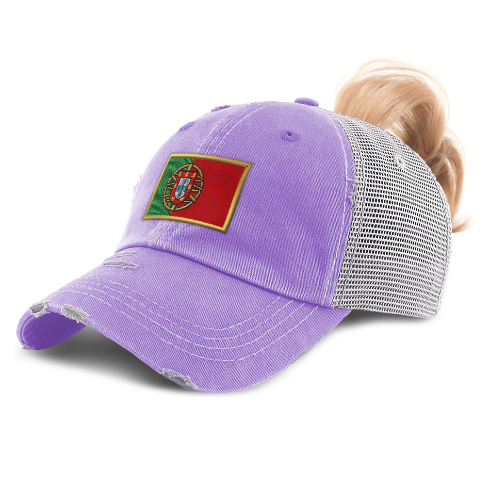 Womens Ponytail Baseball Cap Portugal Euro Cup Distressed Trucker Hats - Picture 16 of 28