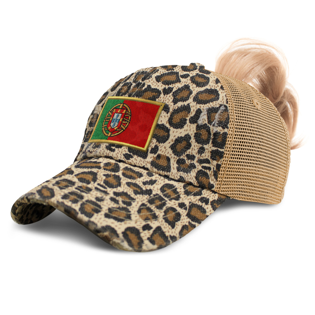 Womens Ponytail Baseball Cap Portugal Euro Cup Distressed Trucker Hats - Picture 18 of 28
