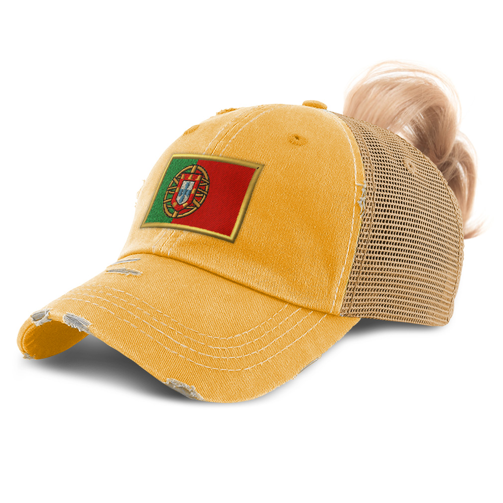 Womens Ponytail Baseball Cap Portugal Euro Cup Distressed Trucker Hats - Picture 20 of 28