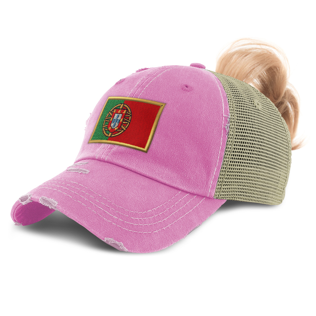 Womens Ponytail Baseball Cap Portugal Euro Cup Distressed Trucker Hats - Picture 28 of 28