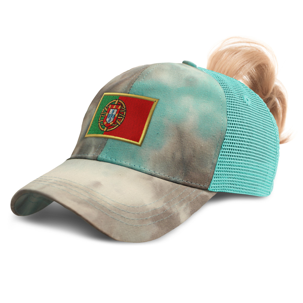 Womens Ponytail Baseball Cap Portugal Euro Cup Distressed Trucker Hats - Picture 22 of 28
