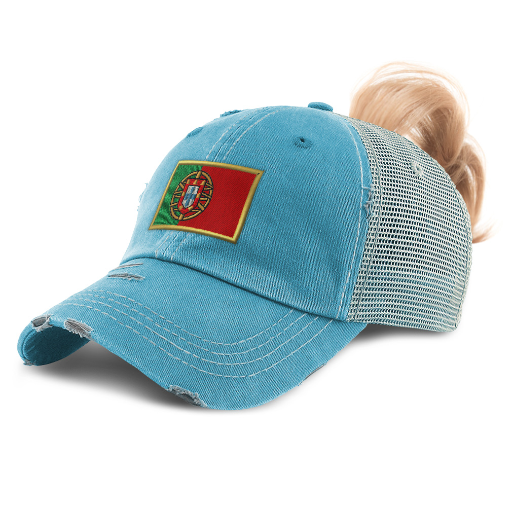 Womens Ponytail Baseball Cap Portugal Euro Cup Distressed Trucker Hats - Picture 12 of 28