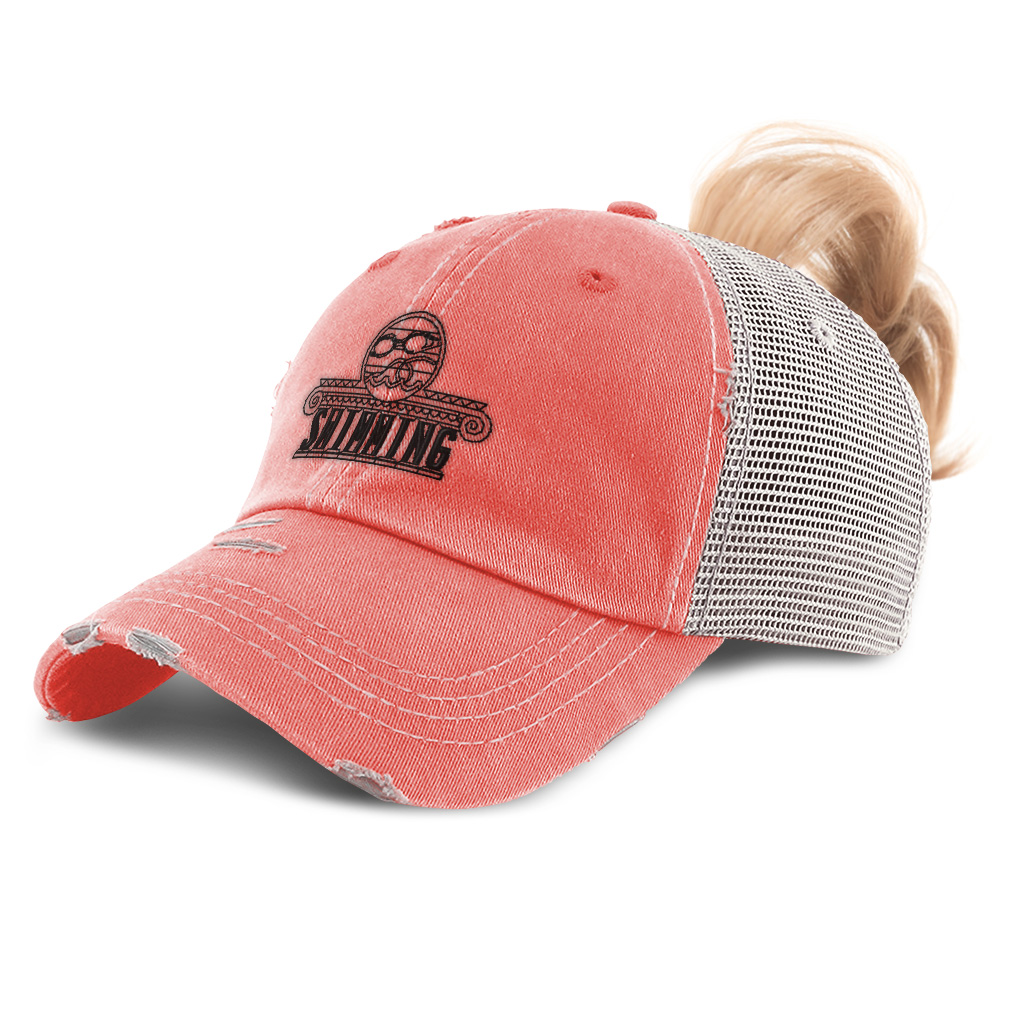 Womens Ponytail Baseball Cap Black Swimming Logo Distressed  display picture 1